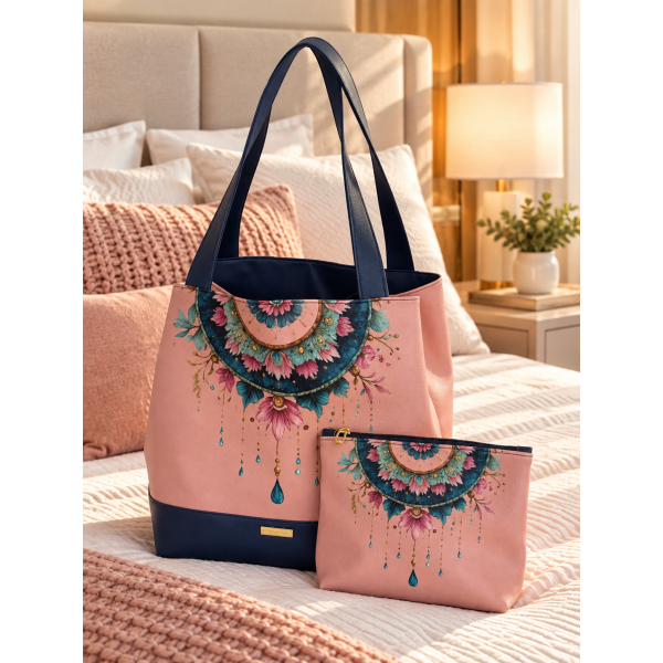 Kit completo Bolsa + Necessaire Mandala Rose c/ Marinho