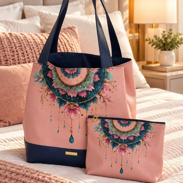 Kit completo Bolsa + Necessaire Mandala Rose c/ Marinho