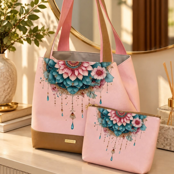 Kit completo Bolsa + Necessaire Mandala Salmão c/ Cappuccino