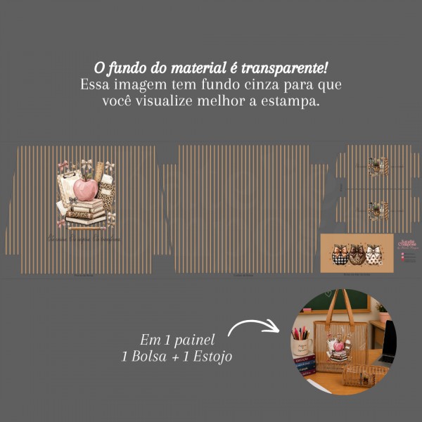 Painel Cristal Estampado - Dia dos Professores - Bolsa + Estojo - Cappuccino - Kateliê Composê