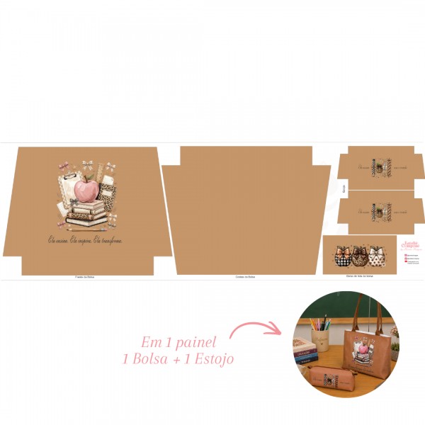 Painel Sintético Estampado - Dia dos Professores - Bolsa + Estojo - Cappuccino - Kateliê Composê