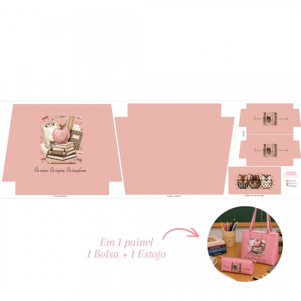Painel Sintético Estampado - Dia dos Professores - Bolsa + Estojo - Rosa - Kateliê Composê