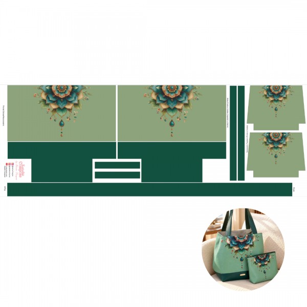 Painel Sintético Estampado - Bolsa + Necessaire Mandala - Verde - Kateliê Composê