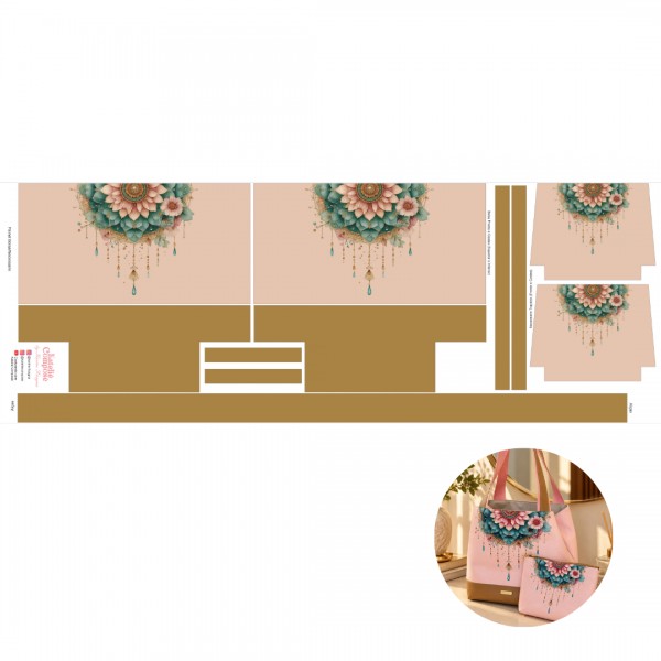 Painel Sintético Estampado - Bolsa + Necessaire Mandala - Salmão c/ Cappuccino - Kateliê Composê