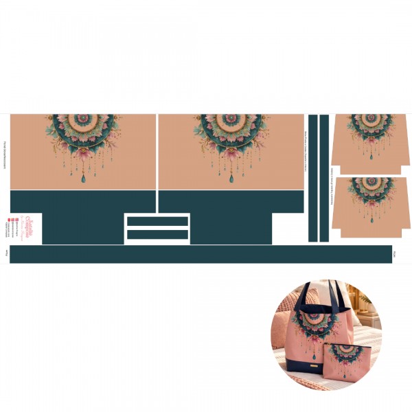 Painel Sintético Estampado - Bolsa + Necessaire Mandala - Rose c/ Marinho - Kateliê Composê