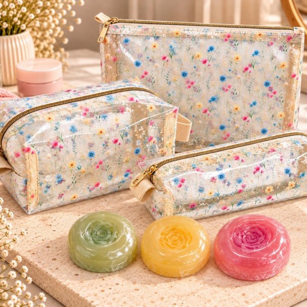 Kit Trio de Necessaires Florais + 3 Sabonetes Artesanais