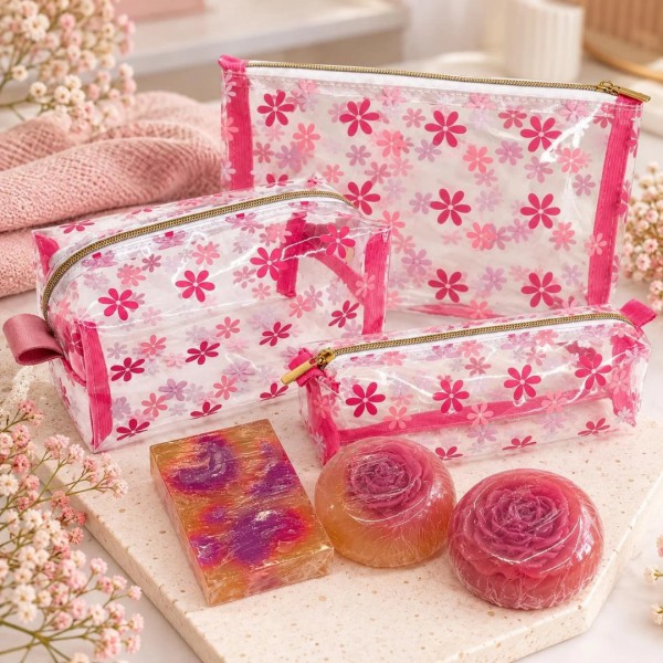 Kit de Necessaires Flores Rose + 3 Sabonetes Artesanais