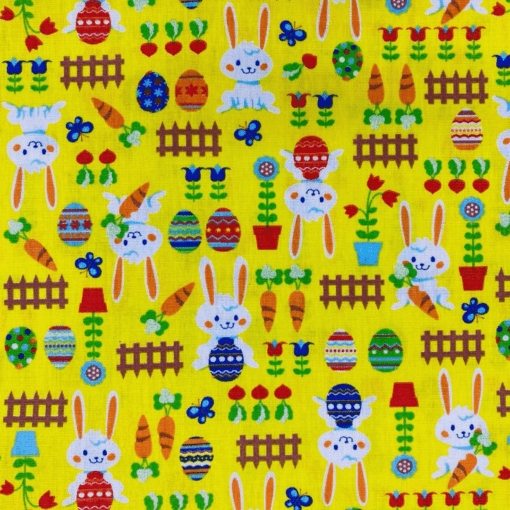 K123 Tecido tricoline 100% algodão - Tecido estampado Páscoa coelho fazendinha amarelo