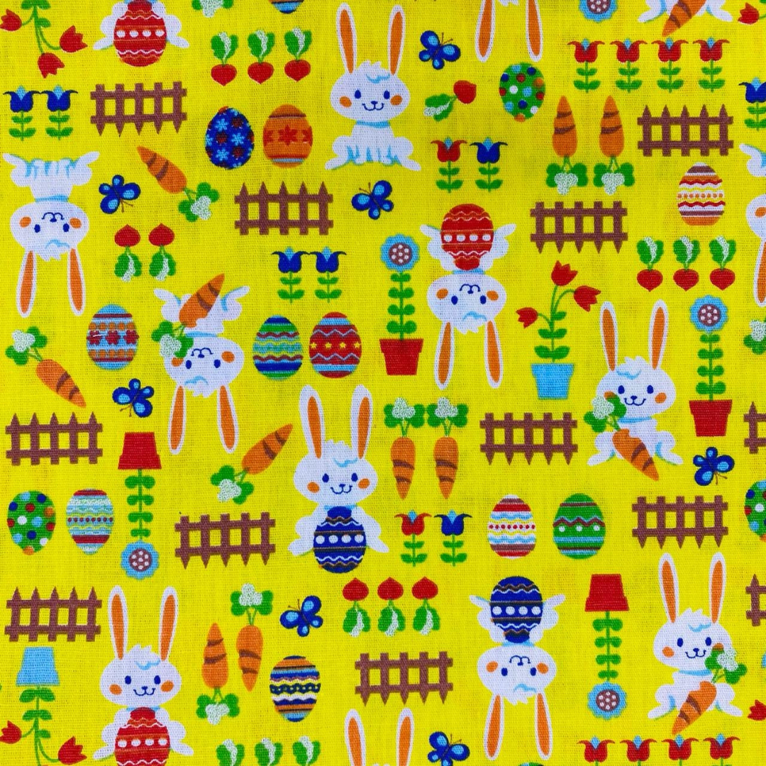 K123 Tecido tricoline 100% algodão - Tecido estampado Páscoa coelho fazendinha amarelo