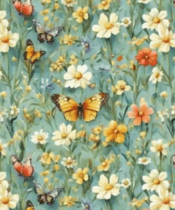 K525 Tecido tricoline 100% algodão - Tecido estampado Digital Floral c/ borboletas 3D 1